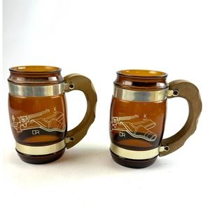 Vintage Siesta Ware Western Brown Glass Mugs Wooden Handle Cowboy